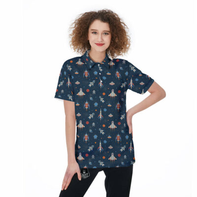 OrangePrints.com -Pixel Space And Astronaut Print Pattern Women's Golf Shirts