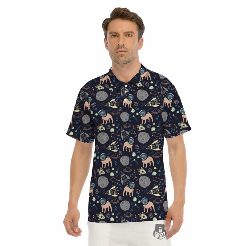 Orange prints Pug And Astronaut In The Space Print Pattern Men's Golf Shirts