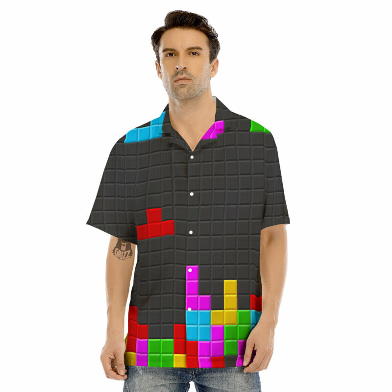 Orange prints Video Game Colorful Brick Puzzle Print Men's Hawaiian Shirt