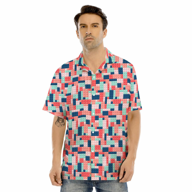 OrangePrints.com -Puzzle Game Colorful Block Print Pattern Men's Hawaiian Shirt