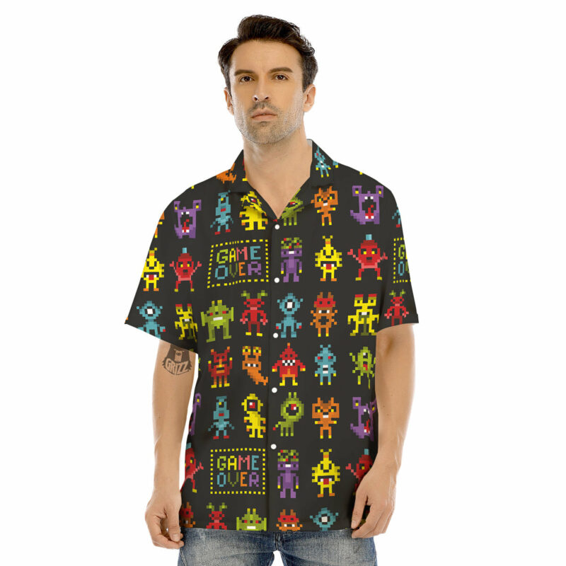 Orange prints Game Monsters 8-Bit Video Print Pattern Men's Hawaiian Shirt