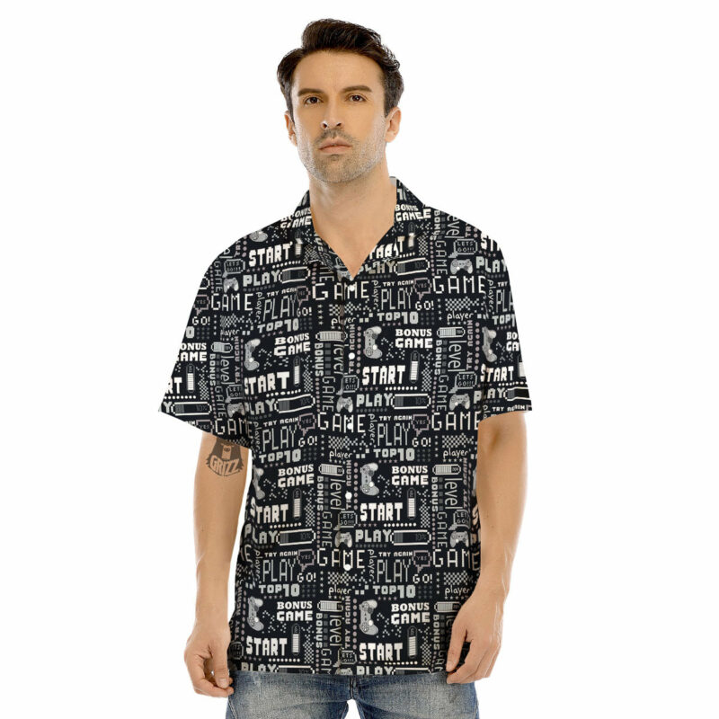 Orange prints Video Game White And Black Print Pattern Men's Hawaiian Shirt