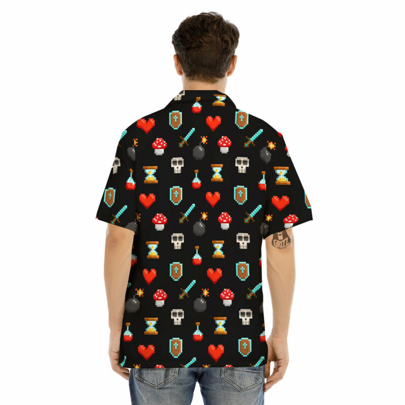 Orange prints Pixel Graphics Game Icons Print Pattern Men's Hawaiian Shirt