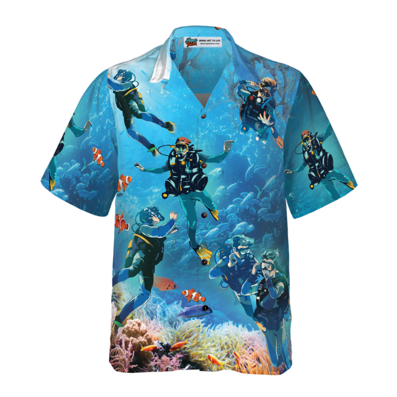 Orange prints front of Under The Sea Scuba Diving Hawaiian Shirt