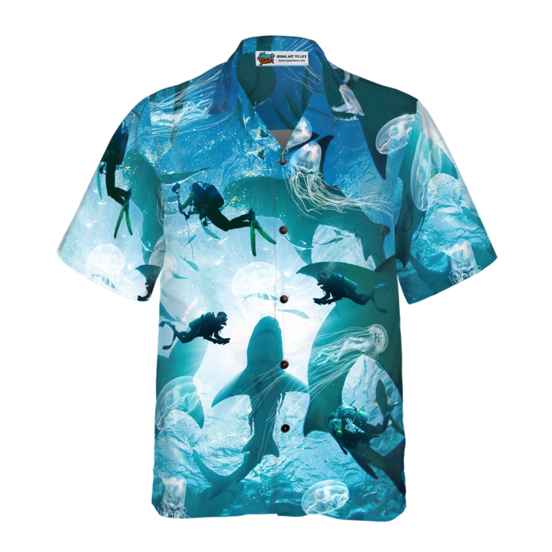 Orange prints model Scuba Diving With Sharks Hawaiian Shirt