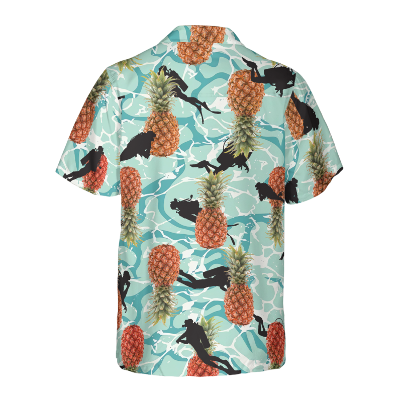 Orange prints back of Tropical Pineapple Ocean Scuba Diving Hawaiian Shirt